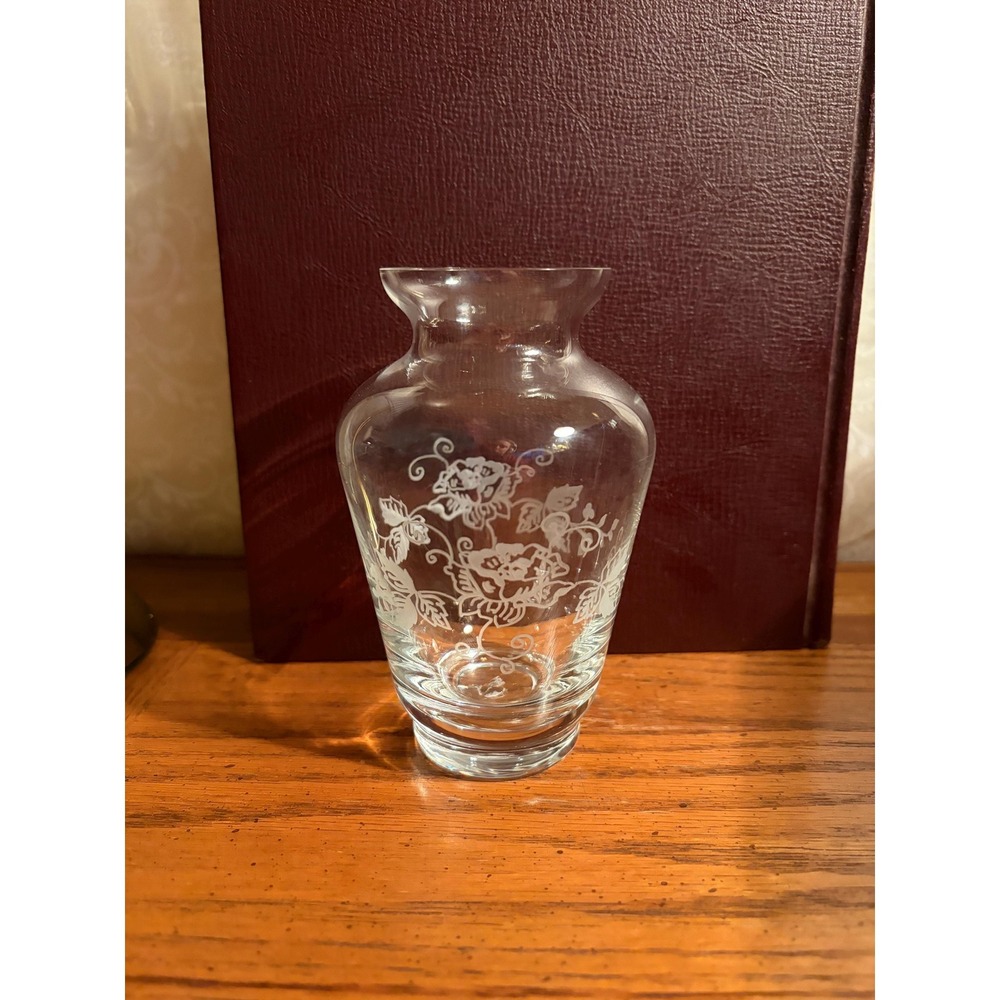 Vintage Etched Glass Bud Vase - Floral Engraved Crystal Vase